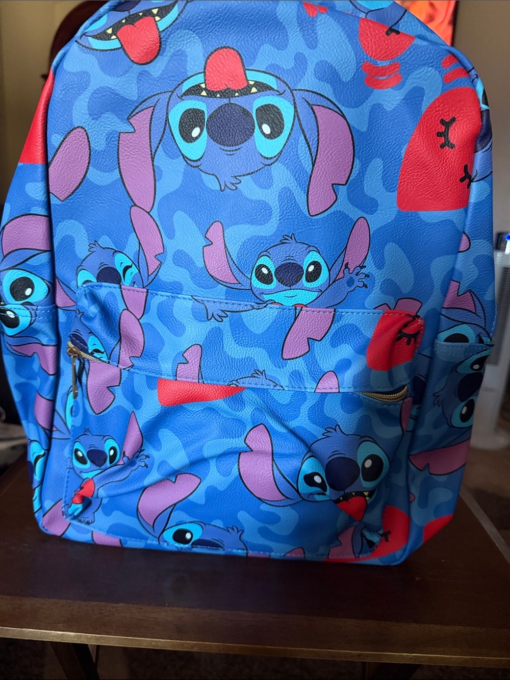 Disney Blue and Pink Stitch Pattern Kids Backpack with Red Accents